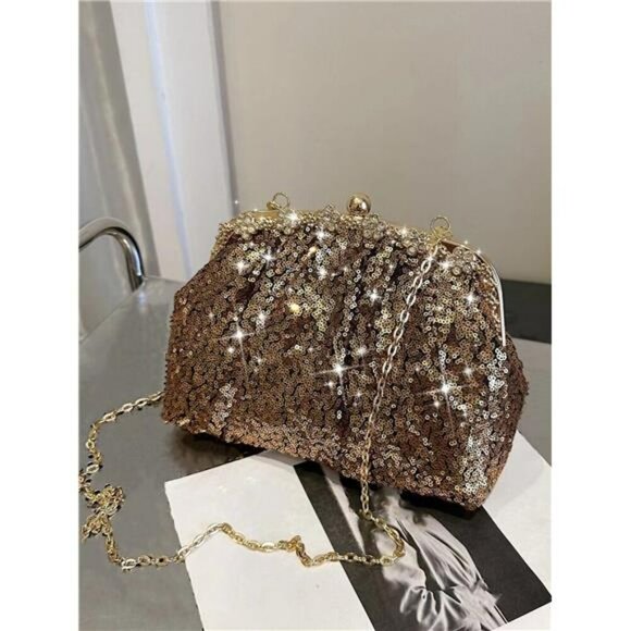 Gold Sequin Rhinestone Decor Ruched Bag for Wedding Formal Dress Clutch Purse - Picture 4 of 5